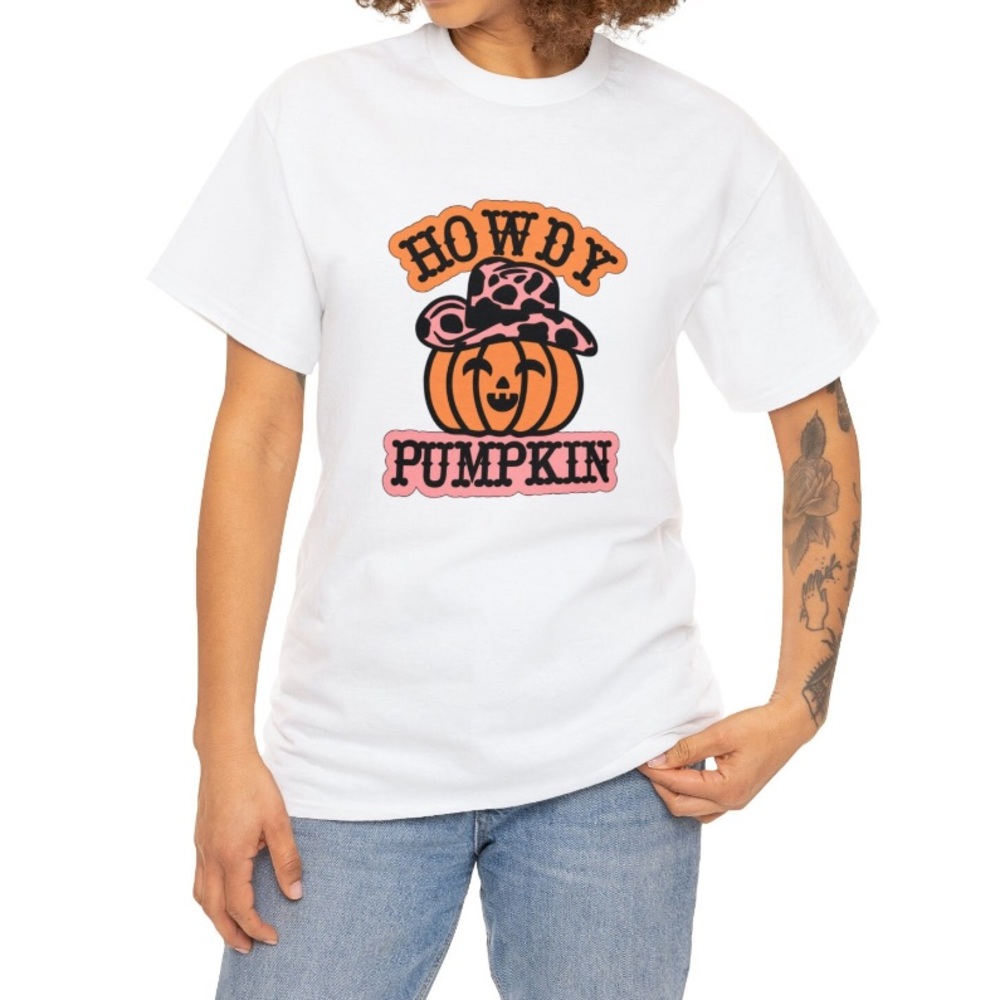 Howdy Pumpkin Orange Pumpkin in Hot Pink Cow Print Cowboy Hat Halloween Shirt